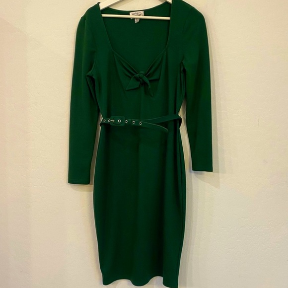 Unique Vintage Emerald Green Knit Sweetheart Collar Belted Midi Dress, Sz 10/12 - Picture 2 of 7